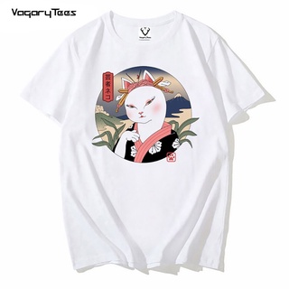 คอตต้อนคอกลมเสื้อยืดคอกลม พิมพ์ลายแมว Neko Geisha สไตล์ญี่ปุ่น สําหรับผู้ชาย และผู้หญิงS-5XL