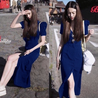 CL2169-NAVY Maxidress เดรสยาว งานผ้าซาร่าอย่างดี ผ้าหนากำลังดี ผ้าไม่ยืด คอวีผ่าอกหน้าติดกระดุมยาว แกะได้ ชายเดรสแหวกสูง