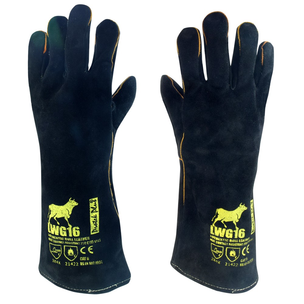 LWG16 BLACK ถุงมือหนังงานเชื่อม กันความร้อน ซับรอบ ยาว 16 นิ้ว มีไส้ตะเข็บ สีดำ