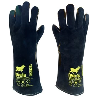 LWG16 BLACK ถุงมือหนังกันความร้อน ถุงมือเชื่อม ซับรอบ มีไส้ตะเข็บ ยาว 16 นิ้ว สีดำ