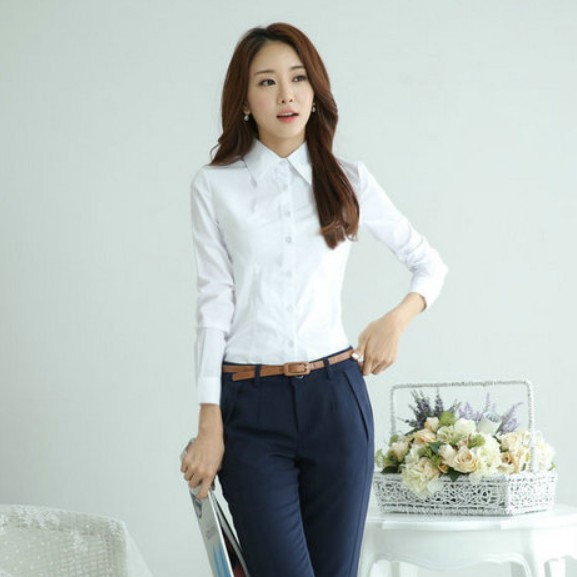 พร้อมส่ง เสื้อเชิ้ตแขนยาว คอปก ติดกระดุมหน้า ใส่ทำงาน