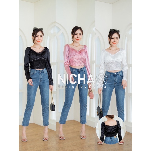 NICHA online ครอปผ้าเหลื่อม แต่งลูกไม้ เสริมฟองน้ำ แต่งเพชรที่เอว ปังมาก