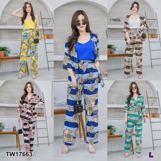 TW17663 Set #สาวอวบ 4 ชิ้น เสื้อคลุมทรงกิโมโน แขนสามส่วน คู่กับสายเดี่ยว คอวี พร้อมโบว์ผูก