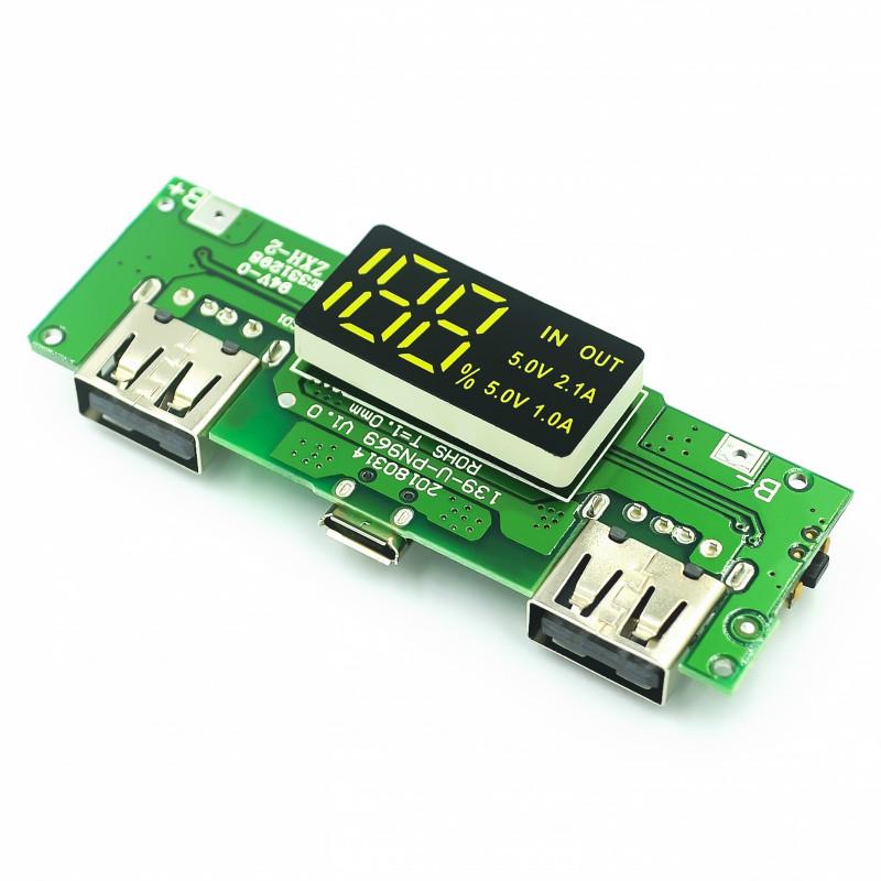 บอร์ดโมดูลเครื่องชาร์จ LED USB คู่ 5V 2.4A 2A 1A Micro/Type-C USB LED Dual USB 5V 2.4A 2A 1A แบตสำรองมือถือ 18650