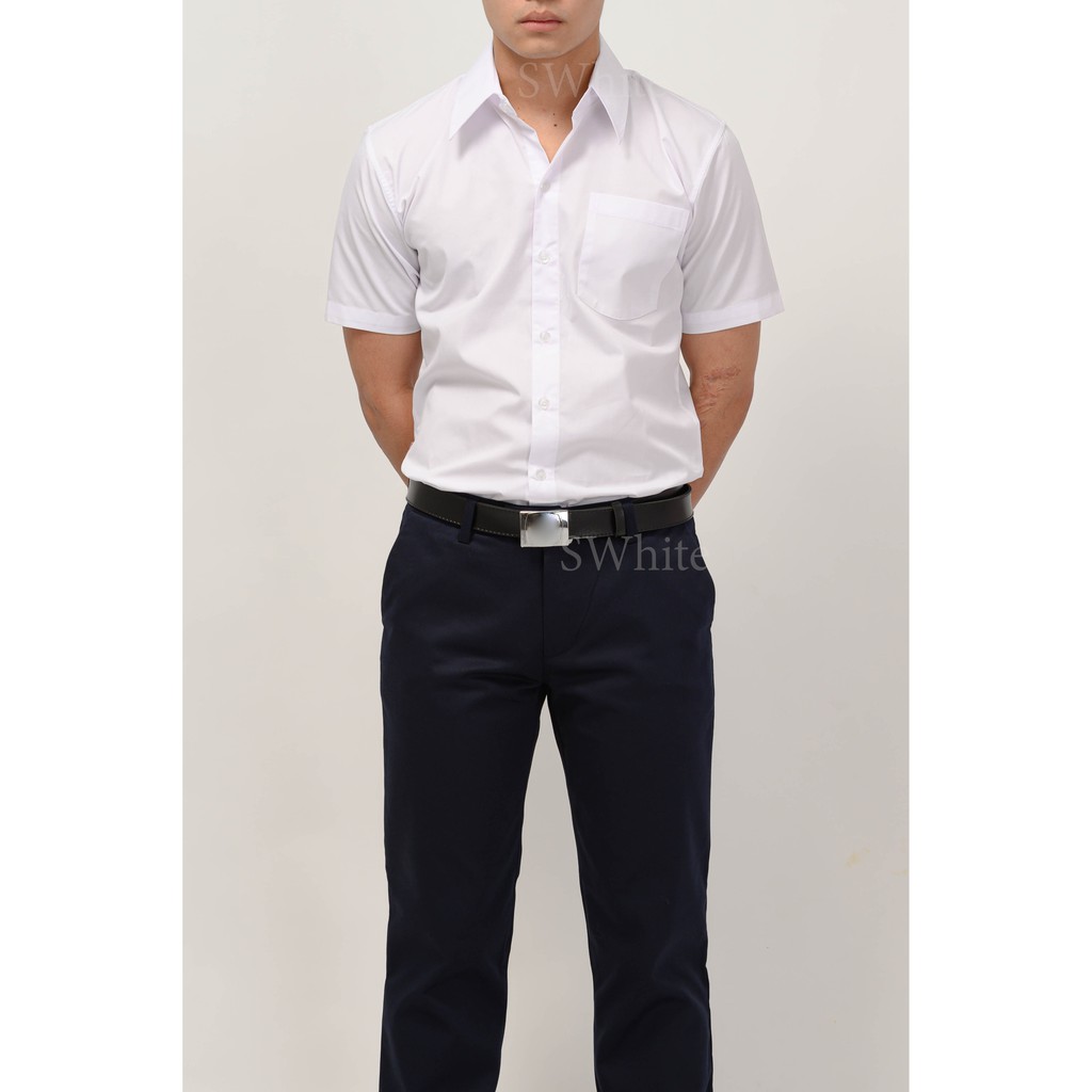 S-white เสื้อนิสิต นักศึกษาชาย แขนสั้น กระเป๋าแปะ ถูกระเบียบทรงสลิม SW-ขสช