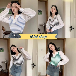 Mini shop🌸พร้อมส่ง🌸(50055-1) เสื้อไหมพรมคอปกแขนยาวชีฟอง ดีเทลลายทางน่ารักคิ้วมาก