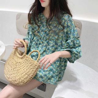 Babydoll เสื้อเชิ้ตสําหรับสตรีแขนยาวครึ่งแขนพิมพ์ลายดอกไม้สไตล์เกาหลี
