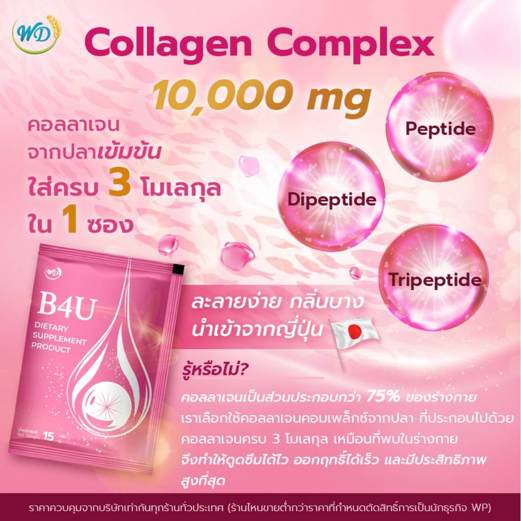 B4U คอลลาเจนบำรุง ผิว กระดูก ผม เล็บ เข้มข้นไทป์เปปไทน์ 10,000mg  ฟื้นฟูระดับเซลล์