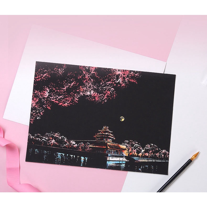 (1 ชุดได้ทั้ง 4 ภาพเลยค่า) ฟรีแท่งไม้ขูดทุกชุด ศิลปะขูด Magic Scratch Art ขนาด A4 แผ่นขูดภาพภาพวิวระบายสีต่างประเทศ - รูปที่ 4