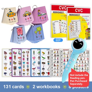 Full Set of Phonics CVC Words Flashcards +  Workbooks + Posters Language Arts Skills Charts Word Family Words for Kids Learning Smart Reading Pen