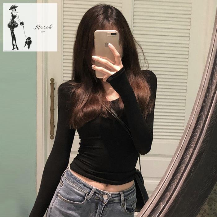 เสื้อแขนยาว เสื้อยืดแขนยาว แขนยาวคอเต่า  สีดำ Crop TOP ผู้หญิงรัดรูปคอต่ำ เสื้อ U-คอเซ็กซี่สั้นเอวสูง