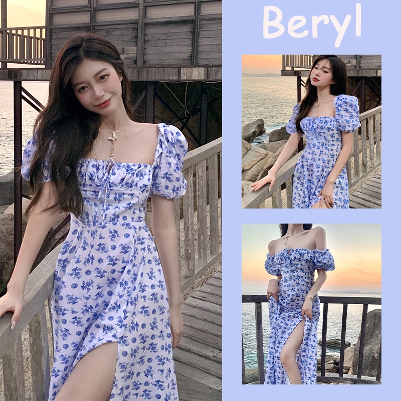 Beryl🌻เดรส🍄ชุดเดรสสีฟ้าลายดอกไม้แขนพัฟฝรั่งเศสหวานและอ่อนโยน