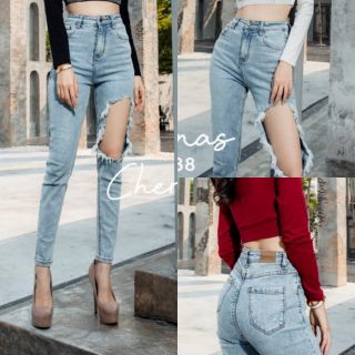 กางเกงยีนส์ เอวสูง แต่งขาดด้านหน้า โชว์ขาอ่อน สวยแซ่บมากๆค่ะ no021 Chernas