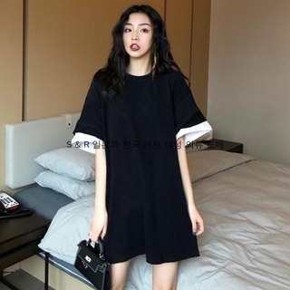 S miss  summer new Korean black and white stitching short sleeved loose T-Shirt Medium long half sleeved top women