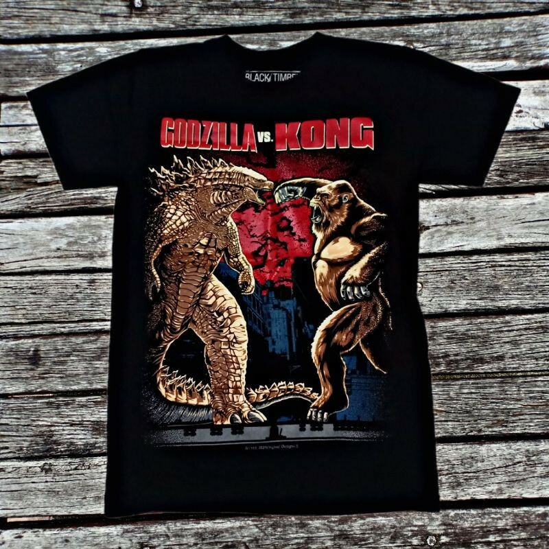 เสื้อยืดโอเวอร์ไซส์Bt165 GODZILLA VS KING KONG เสื้อยืด ผ้าฝ้าย พิมพ์ลายภาพยนตร์ 1ST EDITION สีดําS-