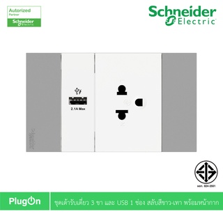 Schneider Electric ชุดเต้ารับเดี่ยว 3ขา ขนาด 2ช่อง +เต้ารับ USB Type ขนาด 1ช่องสีขาว พร้อมหน้ากากสีเทา รุ่น AvatarOn A