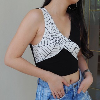 Women Spider Crop Top เสื้อครอปแขนกุดผู้หญิง ลายแมงมุม ผ้ายืดใส่สบาย ถ่ายจากสินค้าจริง