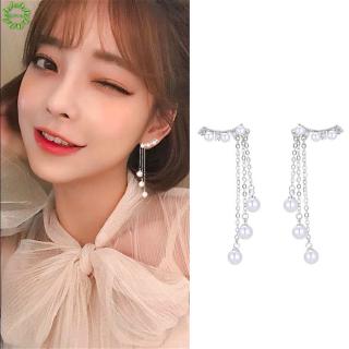 Cod Qipin Simple Long Pendant Tassel Pearl Silver Earrings Elegant Women Girl Sweet Accessories