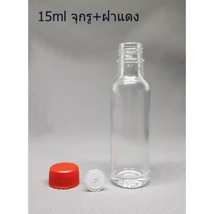 ขวด 15 มล.(100 ใบ) แก้ว กลม ใส + จุก มีรู+ ฝา 14 มม.(GW.=3.500 Kg.)