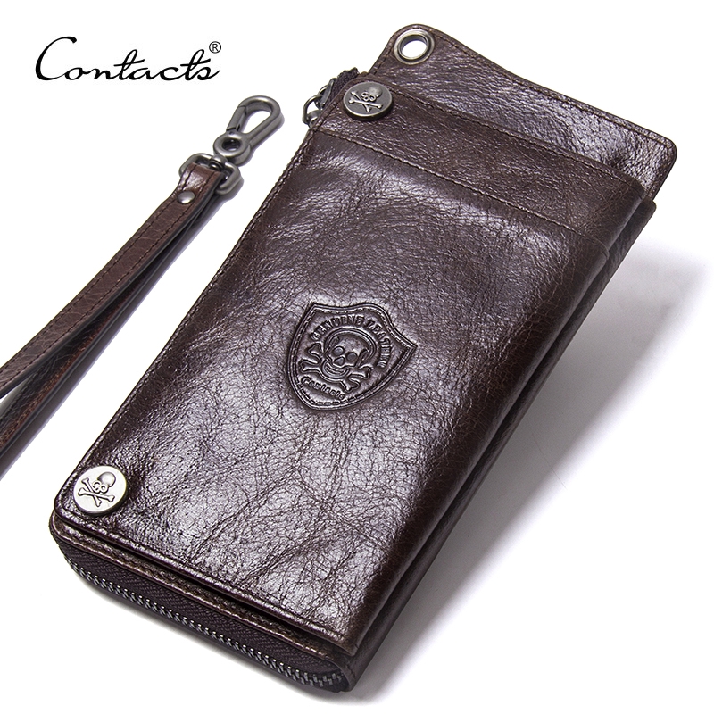 CONTACT'S กระเป๋าสตางค์ผู้ชายหนังแท้ใบยาวความจุขนาดใหญ่พร้อมสายคล้องข้อมือ