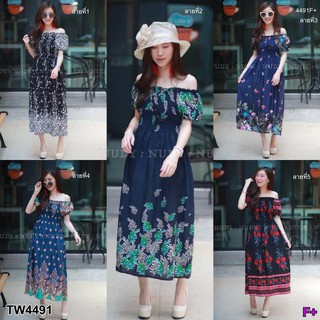 Maxi Dress ปาดไหล่ลายดอก