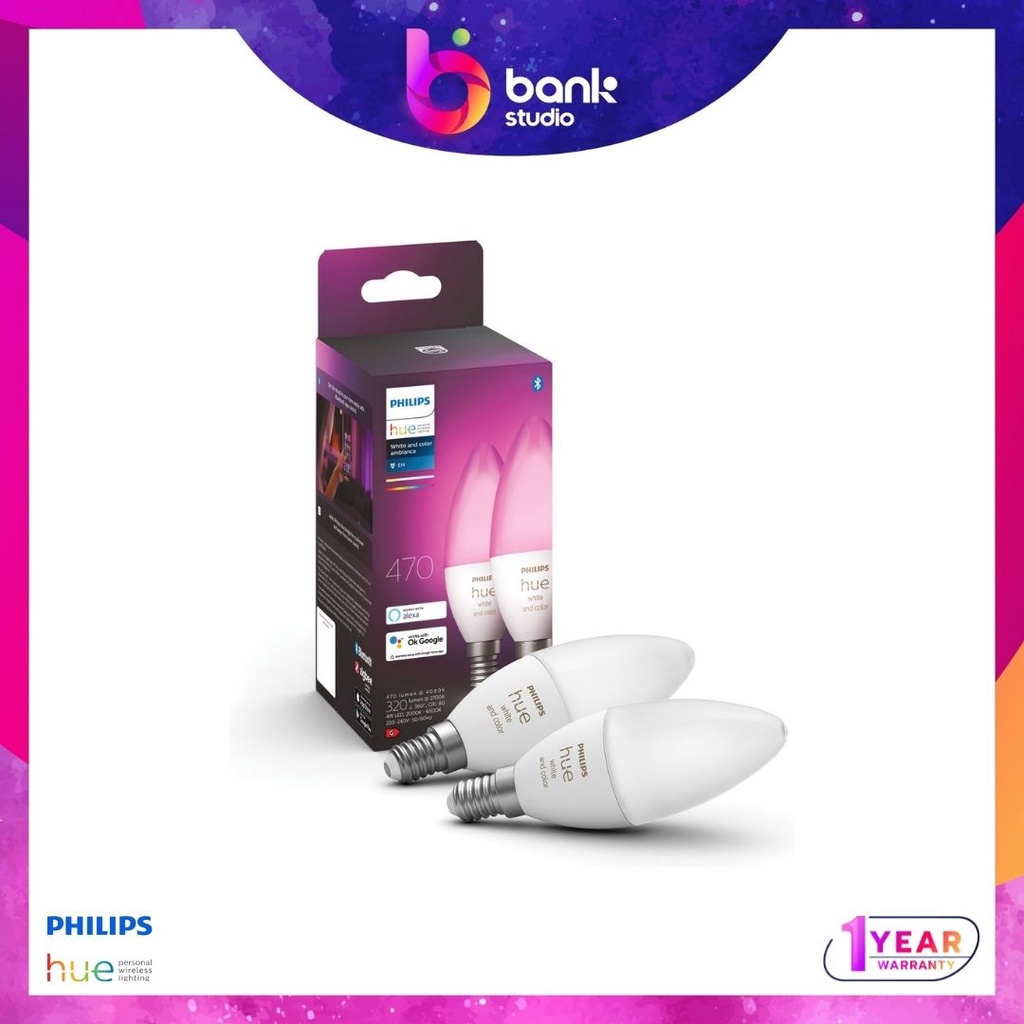 (ประกัน 1ปี) หลอดไฟเปลี่ยนสี E14 Philips Hue White and Color E14 (Candle light) - 220v Bluetooth Version