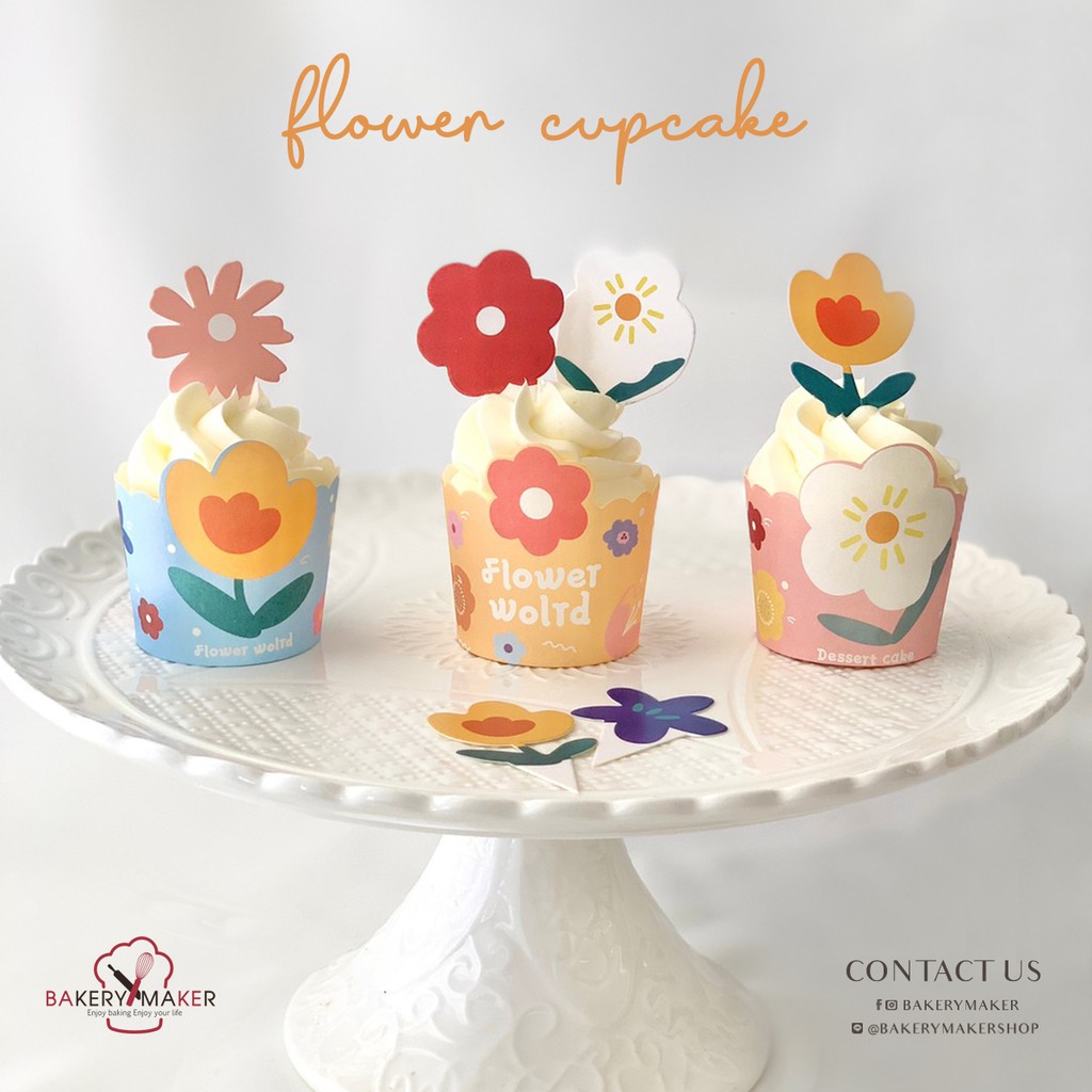 ป้ายปักตกแต่งเค้ก/คัพเค้ก ดอกไม้ คละลาย 20 ชิ้น / Flower Topper cupcake ป้ายกระดาษ สำหรับตกแต่งขนม,เค้ก