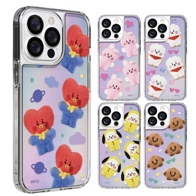 BT21 / Fluffy Pattern Hologram Phone Case for Galaxy S22 S21 iPhone 11 12 13 pro max mini S22+ S21+ S20 plus ultra / bts Kota Tata chimmy RJ cooky shooky MANG group cute