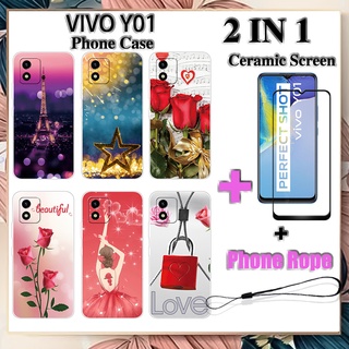 2 IN 1 เคสโทรศัพท์ VIVO Y01 พร้อมกระจกนิรภัยกันรอยเซรามิก หน้าจอโค้ง ฟิล์มนิรภัย โรแมนติก