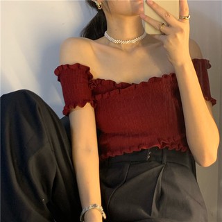 เสื้อแขนสั้นผู้หญิงผีเสื้อ  คอเสื้อคอเสื้อเซ็กซี่สง่างาม เสื้อครอปไหมพรมลูกไม้แขนสั้นแบบมี