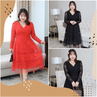 PMSWEET PLUSSIZE : PM3373 : พร้อมส่ง เสื้อผ้าไซส์ใหญ่ คนอ้วน สาวอวบ ชุดเดรสลูกไม้ ชุดเดรสสีแดง เนื้อยืดหยุ่น คอวี