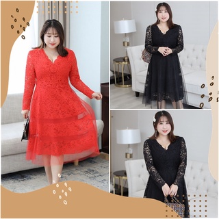 PMSWEET PLUSSIZE : PM3373 : พร้อมส่ง เสื้อผ้าไซส์ใหญ่ คนอ้วน สาวอวบ ชุดเดรสลูกไม้ ชุดเดรสสีแดง เนื้อยืดหยุ่น คอวี