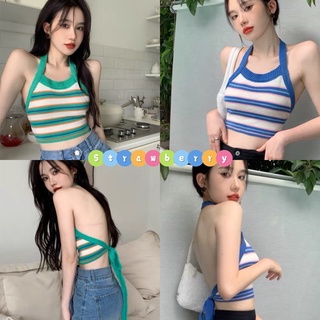 🍓พร้อมส่ง🍓เสื้อเปิดหลัง เสื้อไหมพรมคล้องคอผูกหลัง ลายทางสุดน่ารักสไตล์​เกาหลี ผ้าร่อง