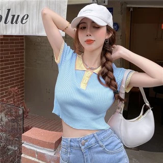 Cicishop(39087)เสื้อครอปแขนสั้นคอปกผ้าไหมพรม มีดีเทลกระดุม สีหวานโทนพาสเทล