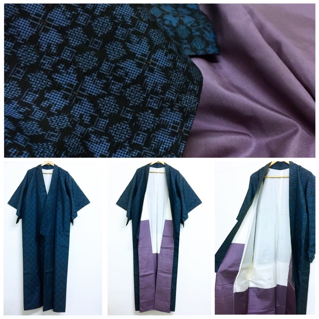 Kimono Japan 🇯🇵 ชุดกิโมโนชายญี่ปุ่นแท้นำเข้า ผ้าไหมลายดอกซากุระสีกรมท่า *งานดีมากมือสองคัดเกรด *ไม่มีตำหนิ