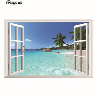 Gregorio 3D Beach Sea Window สติกเกอร์ติดผนังห้องนอนวิวทะเลสติ๊กเกอร์ติดผนัง DIY