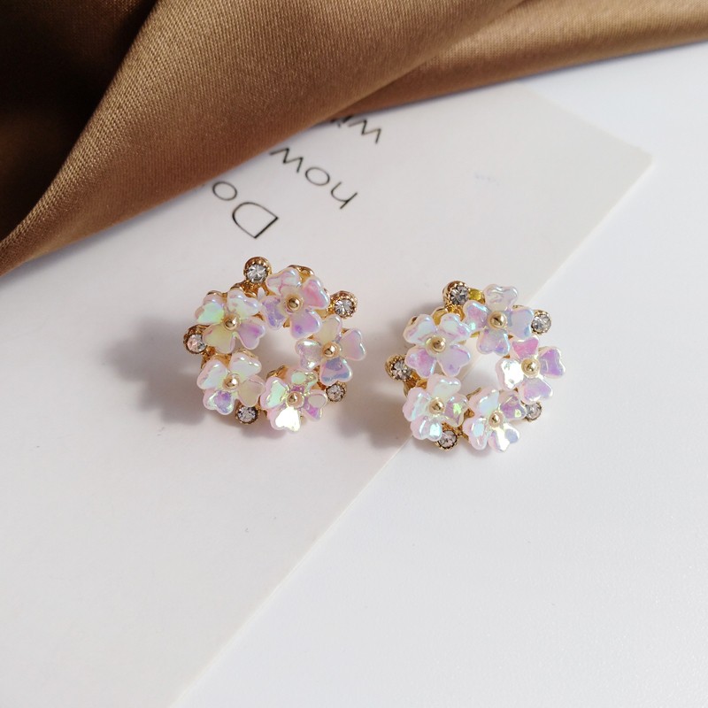S925 FASHION EARRINGS JEWELRY KOREAN PINK DIAMOND S925韩式甜美气质拼接耳饰( 1 PAIR )