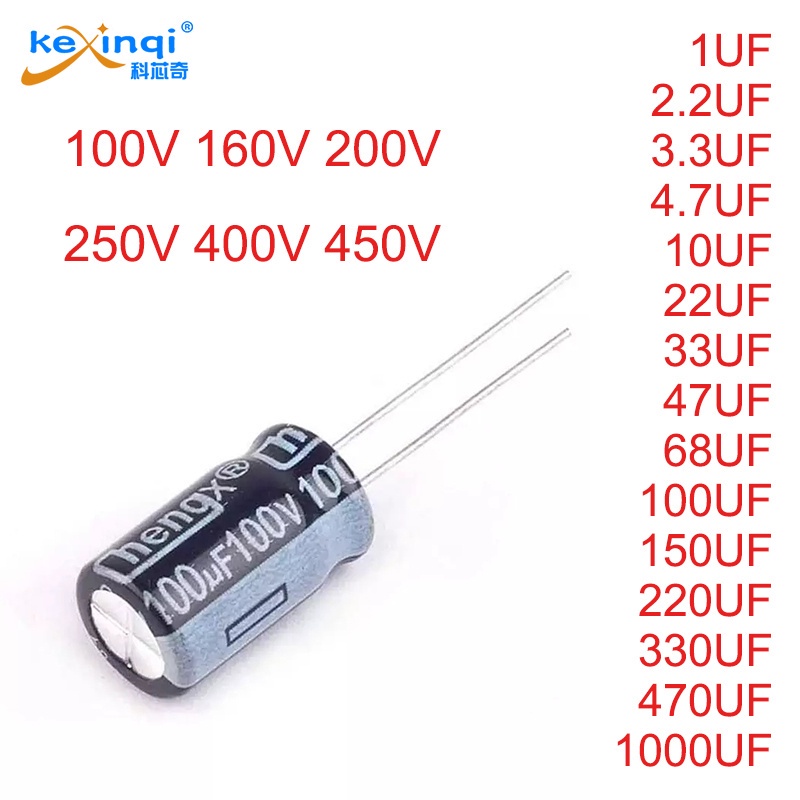 10pcs อลูมิเนียม Electrolytic Capacitor 100V 160V 200V 250V 400V 450V 1UF 2.2UF 3.3UF 10UF 22UF 47UF