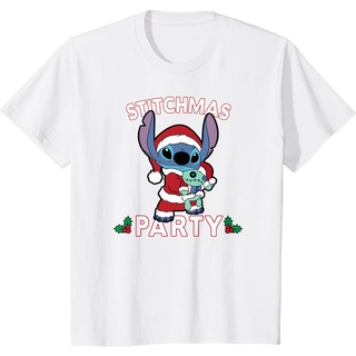 เสื้อยืดสีดำอินเทรนด์เสื้อยืดลําลอง แขนสั้น คอกลม พิมพ์ลาย Disney Lilo &amp; Stitch Holiday Stitchmas แฟชั่นสําหรับผู้ชาย เห