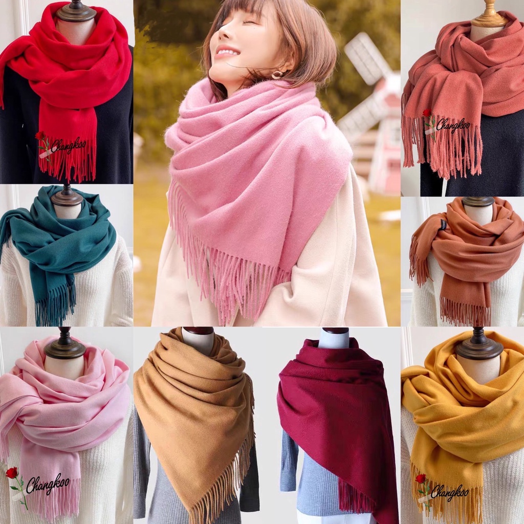 ผ้าพันคอแคชเมียร์คลุมไหล่200*70เนื้อผ้าอย่างดี หนา สีพื้น Cashmere Scarf  รับประกันทุกผืน ราคาสุดค้ม