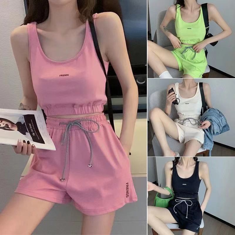 SUNNY SHOPเสื้อผ้าผู้หญิงแฟชั่นชุดเซ็ตเอวลอย 2ชิ้น ชุดกีฬา เสื้อกล้ามครอป+กางเกงขาสั้น ชุดเซตเกาหลี026#