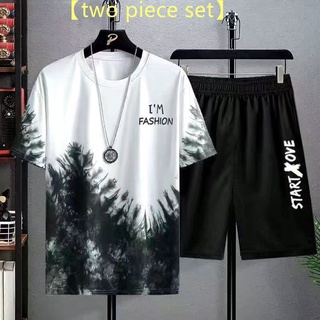 【M-3XL】เสื้อยืดแขนสั้น พิมพ์ลาย ทรงหลวม โอเวอร์ไซซ์ โอเวอร์ไซซ์ แฟชั่นฤดูร้อน สําหรับผู้ชาย【เสื้อยืด + กางเกง】ชุดสองชิ้น