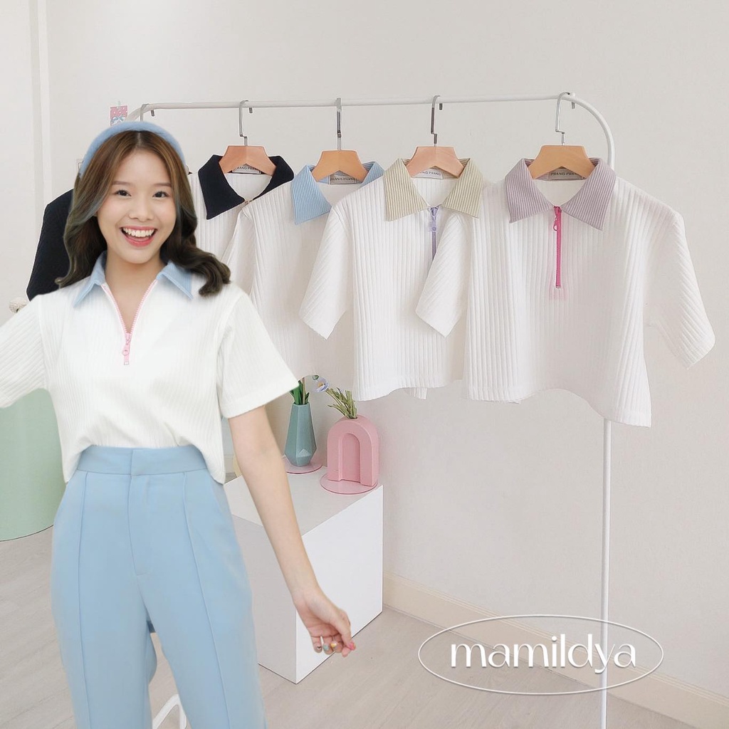 ผ้าดีมาก🦋 เสื้อครอปคอปก แนวโปโล มีซิป ทูโทน ผ้าร่องใหญ่ น่ารักมาก / N2-3 // PP-ซิป