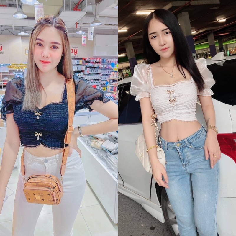 SpinnyHouse เสื้อลูกไม้ งานตามหา+ครอปแต่งผ้าทวีตทั้งตัว มีซับใน รุ่น ไพริน A-062-2-B