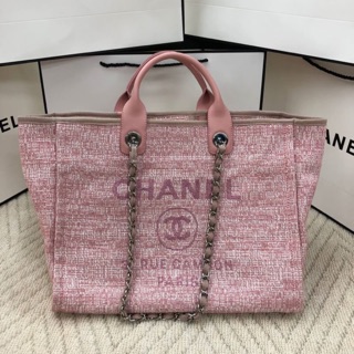 Chanel tote shopping ผ้าทวีต ผ้ากระสอบ ชาแนล ไฮเอน 39cm ชมพู หวานหวาน