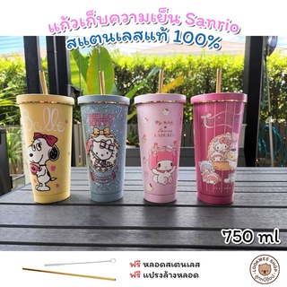 แก้วสเตนเลสเกรด304 เก็บอุณหภูมิเย็น-ร้อน น่ารักๆ ลายSanrio ขนาด 750 ml แบบพกพา พร้อมหลอดและแปรงล้างหลอด