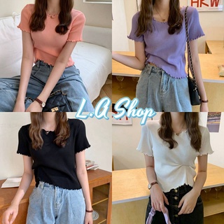 L.A Shop พร้อมส่ง เสื้อไหมพรมแขนสั้น ระบายหยัก สีพาสเทล​สุดคิ้ว "83005"