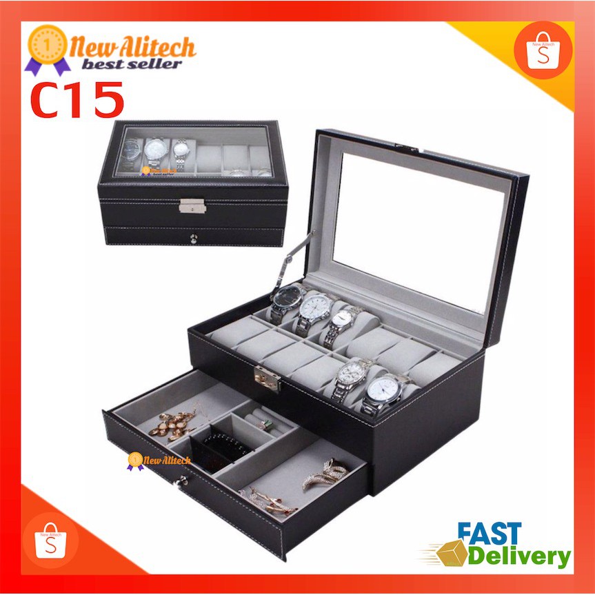 New Alitech C06 C08 Watch Box 3/6/10/12 Grid Leather Display Jewelry Case Organizer กล่องนาฬิกา กล่องเก็บนาฬิกาข้อมือ