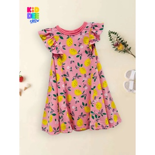 KiddeeCrew ชุดกระโปรงระบายแขนลายเลม่อน สีชมพู Pink Lemon Print Dress  เหมาะสำหรับอายุ 2-10 ปี