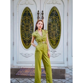 พร้อมส่ง💚 jumpsuit คอปกสูท แขนล้ำแต่งอาร์ม +เข็มขัด💚bt 07-0096